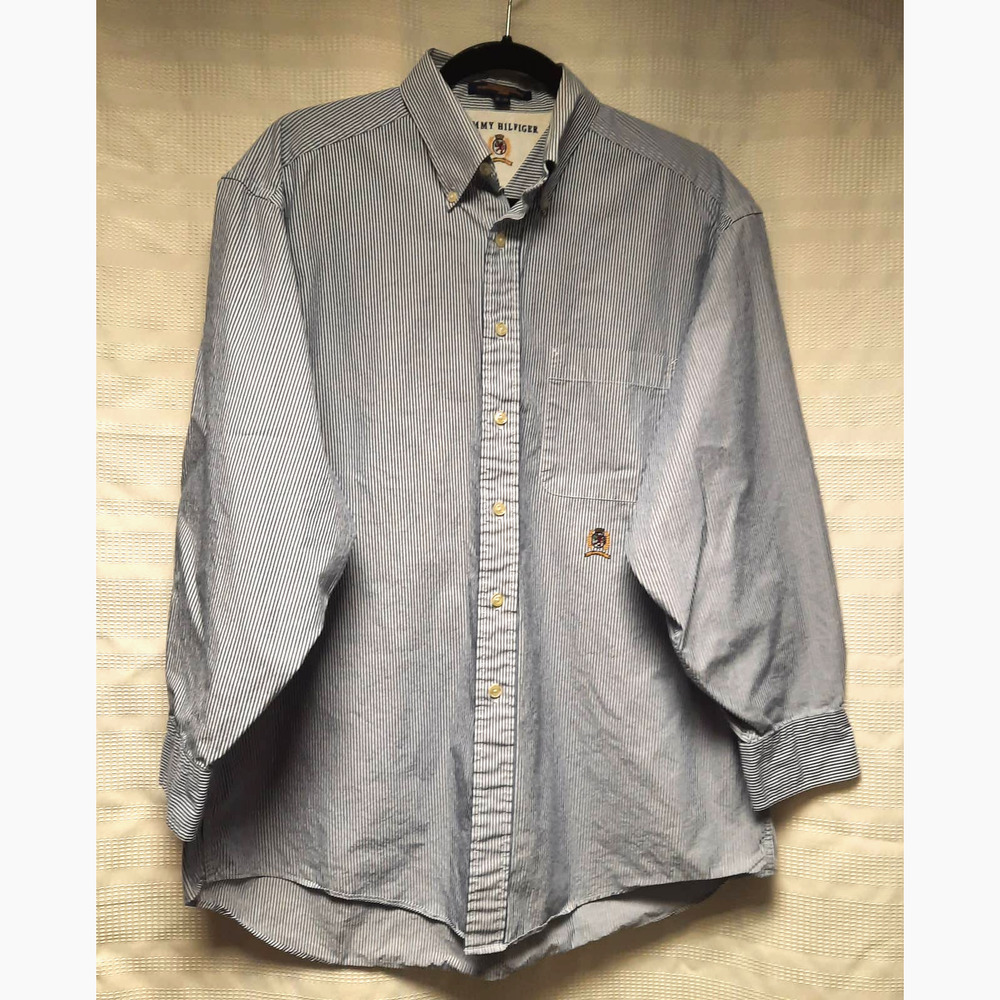 VTG TOMMY HILFIGER MEN'S 16-32 COTTON BUTTON DOWN BLUE‎ STRIPE LONG SLEEVE SHIRT